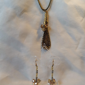 Gold Wash Vintage Spoon Handle Pendant ~~ Beaded Gold Tone Dangle earrings