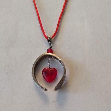 CURLED SILVERPLATE SPOON HANDLE PENDANT ~ RED HEART BEAD